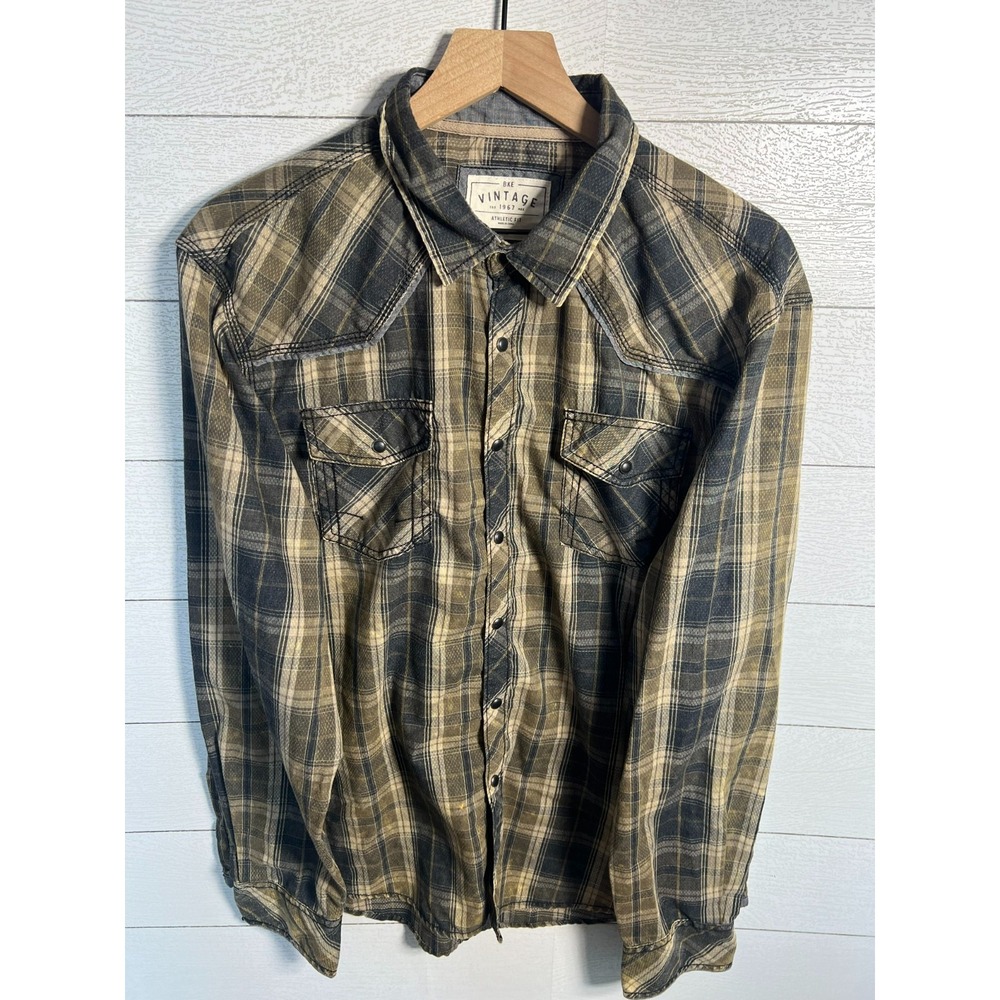 BKE Vintage Men XL Athletic Fit Pearl Snap Shirt Plaid Western Long Sleeve Brown